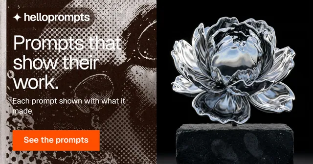 Social ad for HelloPrompts: "Prompts that show their work." Swiss style, bottom layout, dark palette in black, grey, orange.