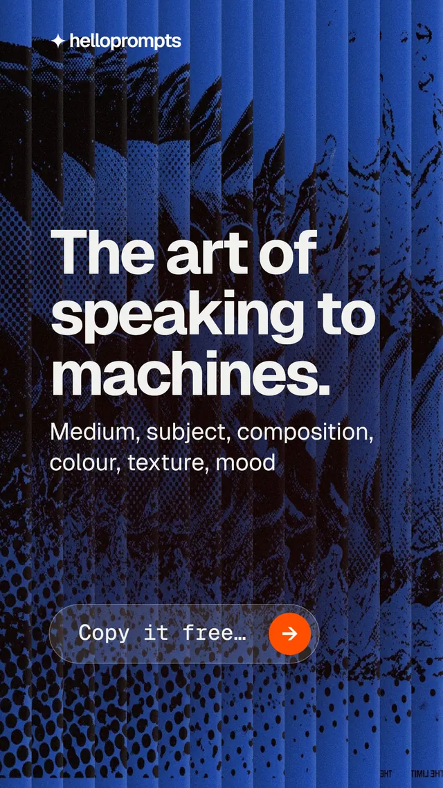 Instagram story for HelloPrompts: "The art of speaking to machines." Agentic glass style, skeleton layout, dark palette in blue, black.