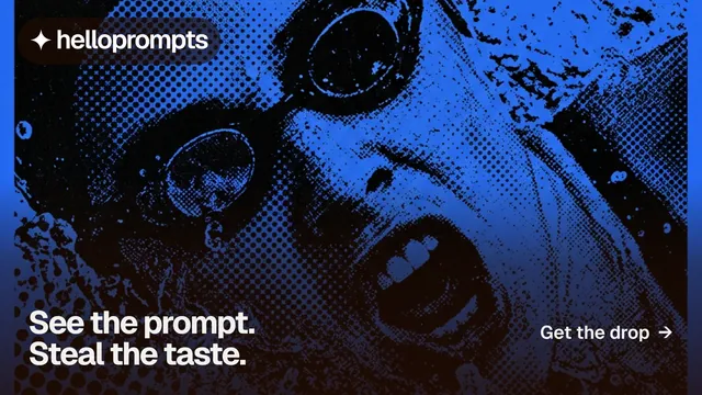 Landscape graphic for HelloPrompts: "See the prompt. Steal the taste." Swiss style, image led layout, dark palette in black, blue.