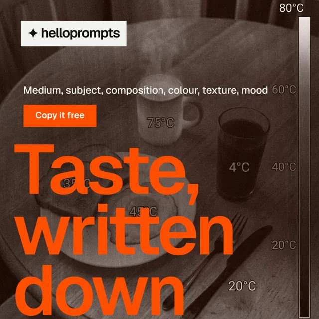 Instagram post for HelloPrompts: "See the prompt. Steal the taste." Swiss style, oversized layout, dark palette in orange, grey.