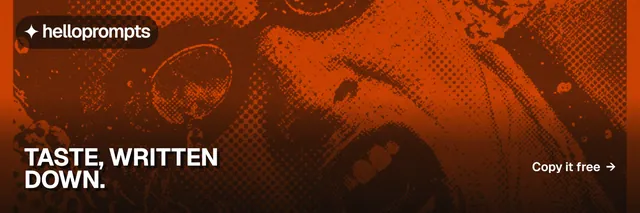X header for HelloPrompts: "Taste, written down." Swiss style, image led layout, dark palette in orange, black.