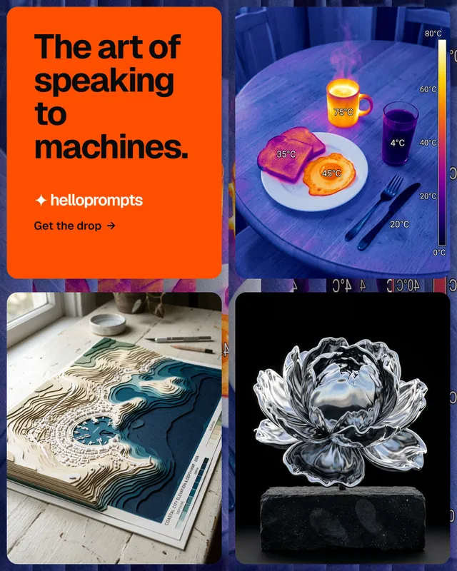 Instagram portrait post for HelloPrompts: "The art of speaking to machines." Agentic glass style, collage layout, dark palette in black, red, grey.