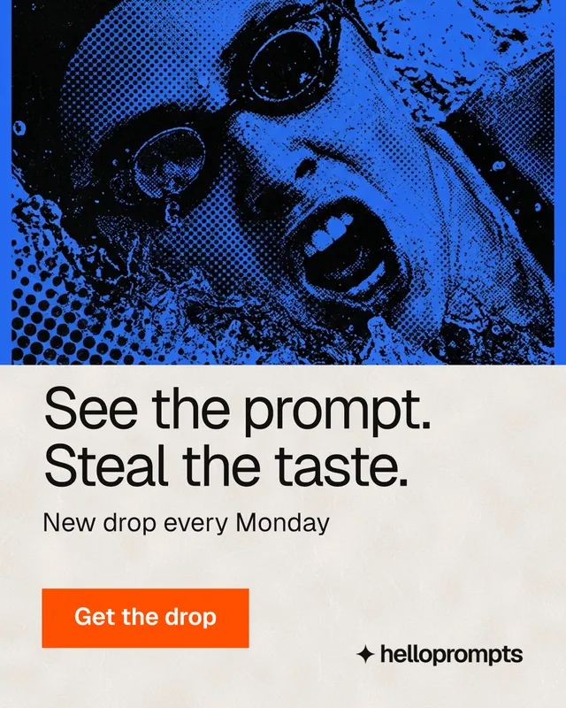 Instagram portrait post for HelloPrompts: "See the prompt. Steal the taste." Swiss style, skeleton layout, light palette in blue, orange, black.