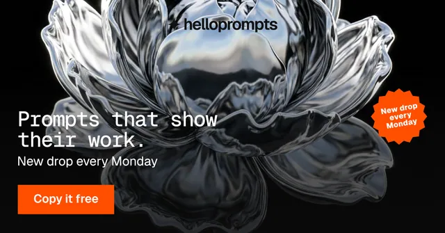 Social ad for HelloPrompts: "Prompts that show their work." Swiss style, sticker layout, dark palette in grey, black.
