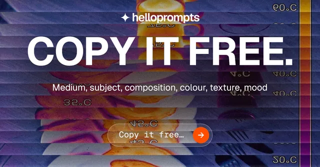 Social ad for HelloPrompts: "Copy it free." Agentic glass style, centred layout, dark palette in blue, grey, pink.