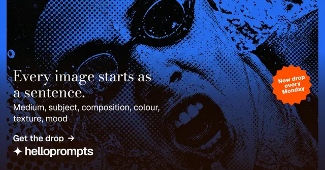 Social ad for HelloPrompts: "Every image starts as a sentence." Minimal luxury style, sticker layout, dark palette in blue, black.