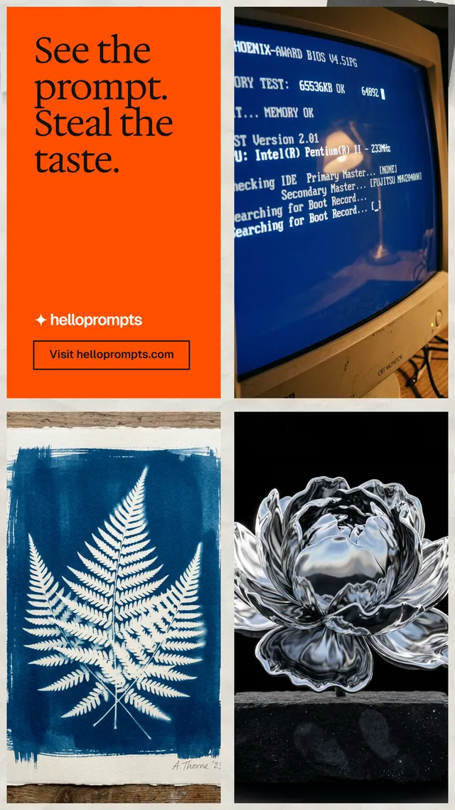 Instagram story for HelloPrompts: "See the prompt. Steal the taste." Editorial style, collage layout, dark palette in blue, orange, grey.