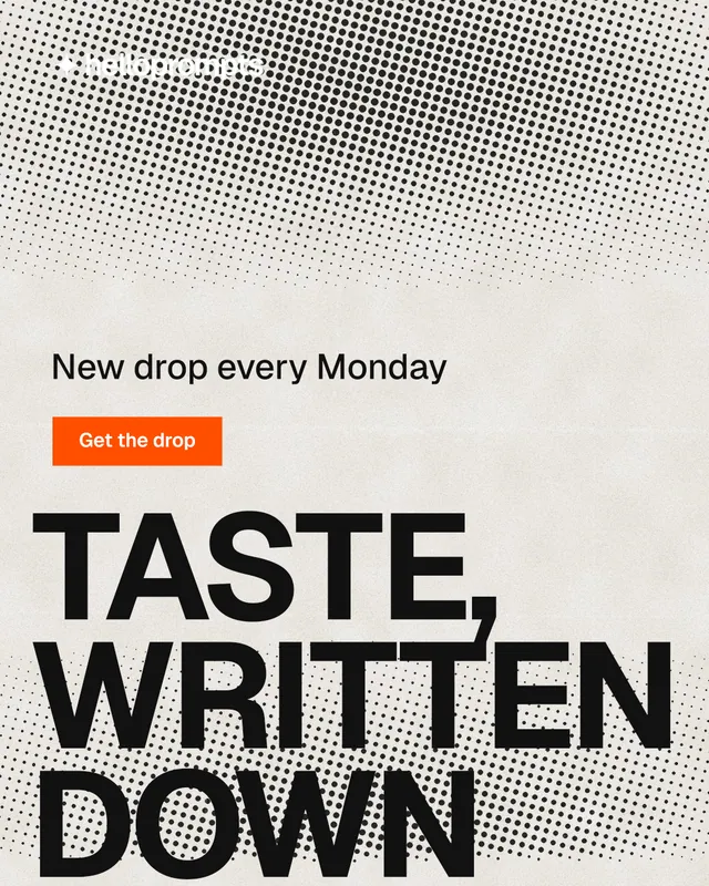 Instagram portrait post for HelloPrompts: "Taste, written down." Swiss style, oversized layout, light palette in grey, white, orange.