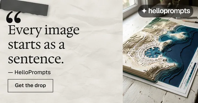 Social ad for HelloPrompts: "See the prompt. Steal the taste." Editorial style, quote layout, light palette in grey, white, yellow.