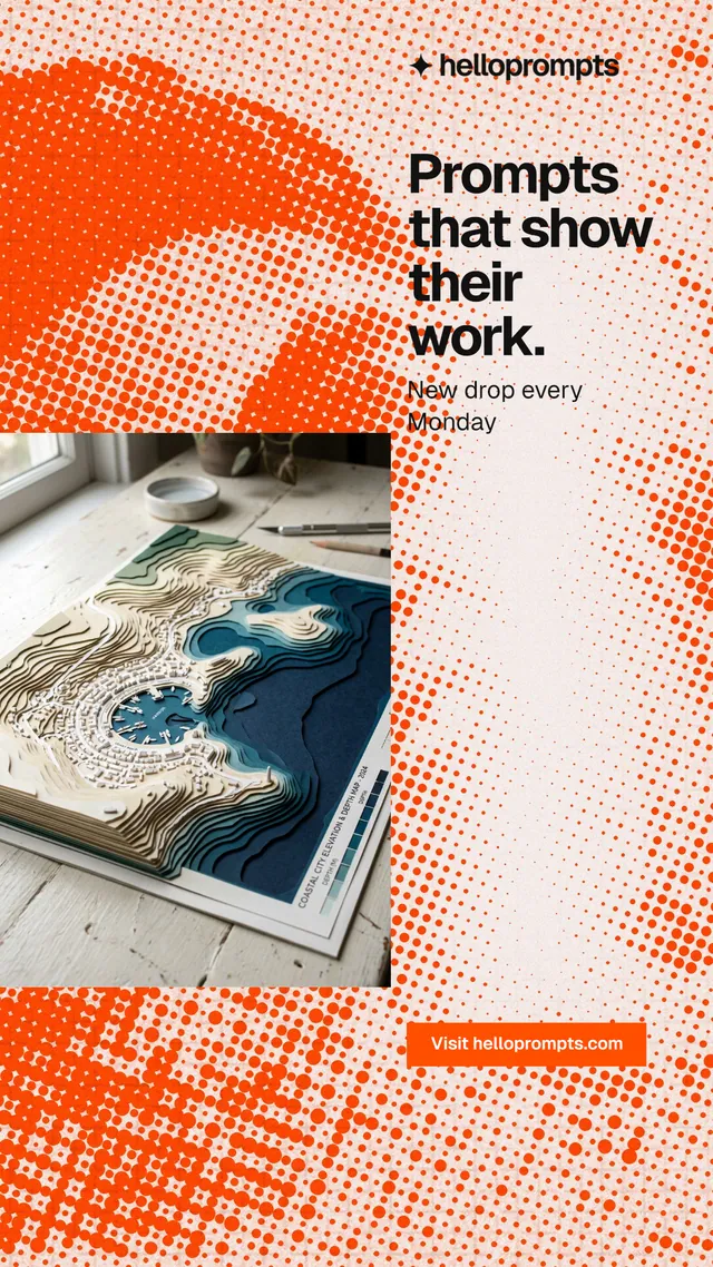 Instagram story for HelloPrompts: "Prompts that show their work." Swiss style, skeleton layout, light palette in orange, white.