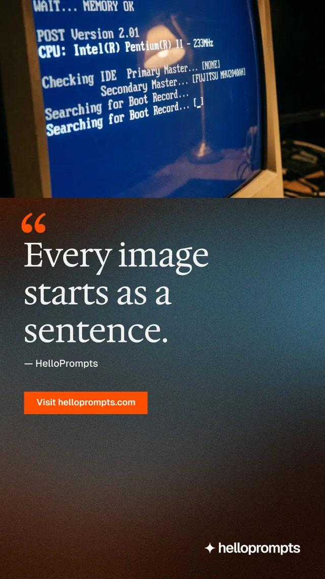Instagram story for HelloPrompts: "The art of speaking to machines." Swiss style, quote layout, dark palette in orange, grey, blue.