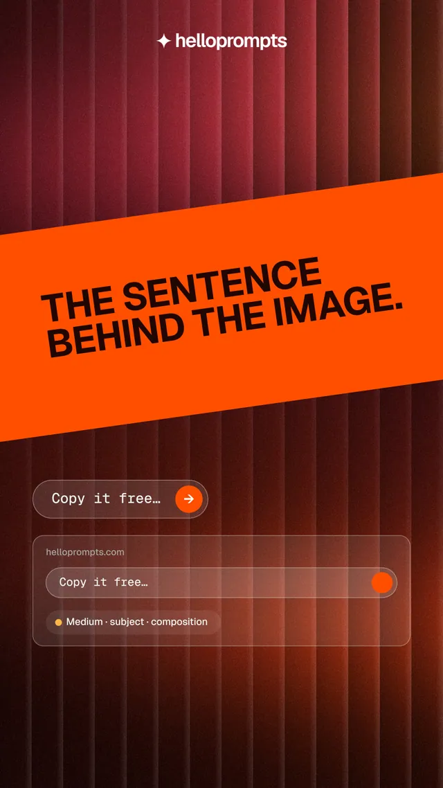 Instagram story for HelloPrompts: "The sentence behind the image." Agentic glass style, diagonal layout, dark palette in orange, red.