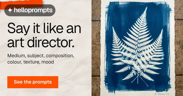 Social ad for HelloPrompts: "Say it like an art director." Swiss style, bottom layout, light palette in grey, blue, orange.