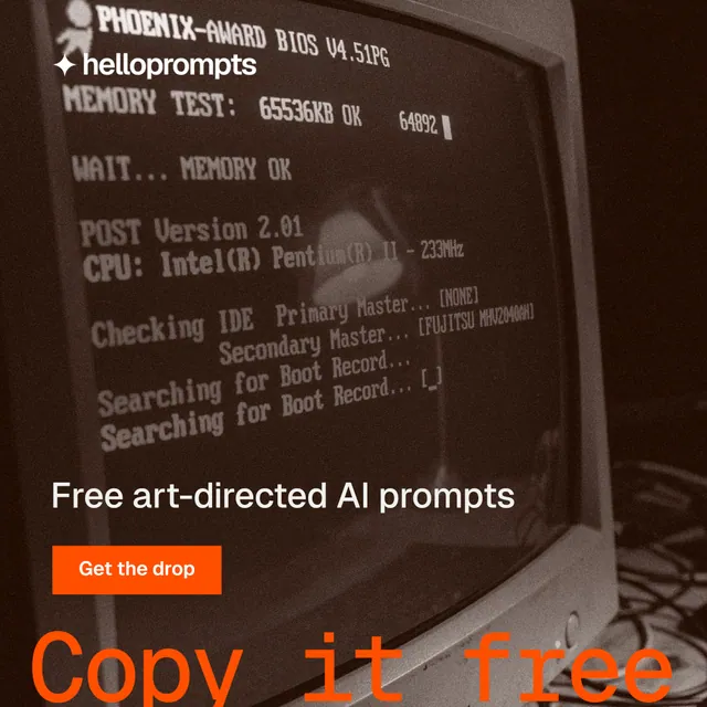 Instagram post for HelloPrompts: "The sentence behind the image." Swiss style, oversized layout, dark palette in orange, black, grey.