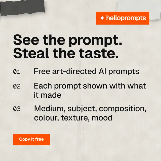 Instagram post for HelloPrompts: "See the prompt. Steal the taste." Retro print style, numbered layout, light palette in white, orange.