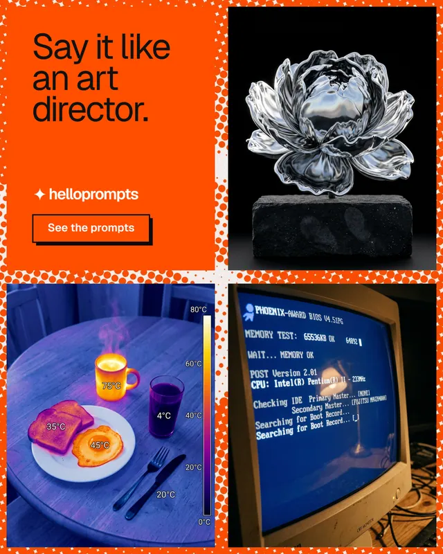 Instagram portrait post for HelloPrompts: "Say it like an art director." Brutalist style, collage layout, dark palette in orange, black, grey.
