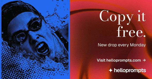 Social ad for HelloPrompts: "Copy it free." Minimal luxury style, right layout, dark palette in red, black, blue.