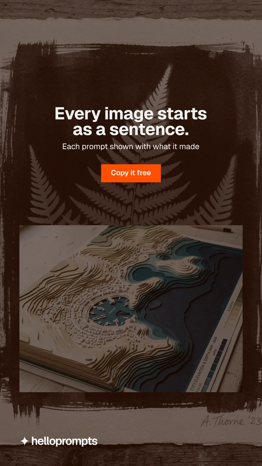 Instagram story for HelloPrompts: "Every image starts as a sentence." Swiss style, centred layout, dark palette in grey, black, orange.