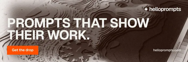 X header for HelloPrompts: "Prompts that show their work." Swiss style, poster layout, dark palette in orange, grey.