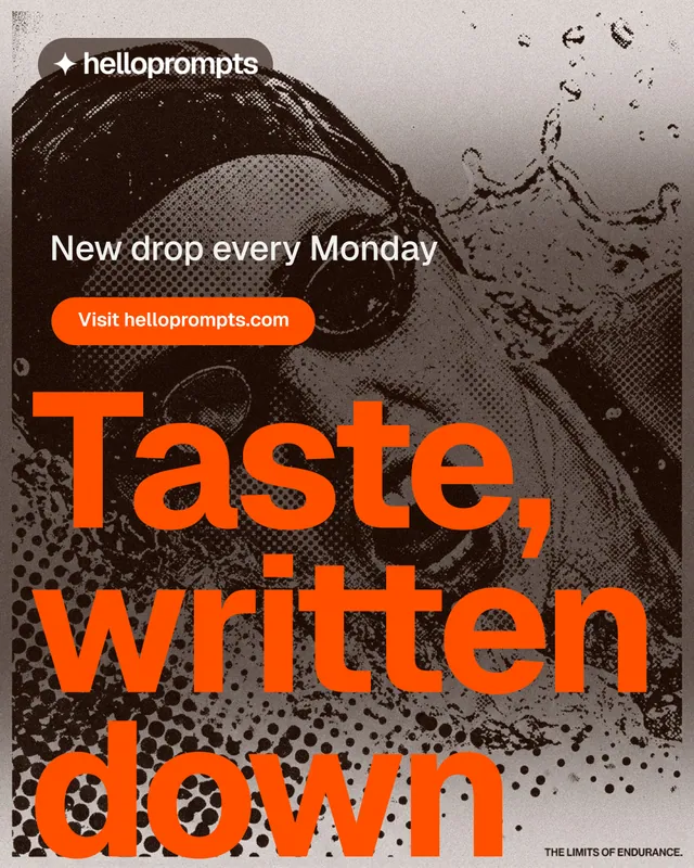 Instagram portrait post for HelloPrompts: "Prompts that show their work." Photo poster style, oversized layout, dark palette in orange, grey.
