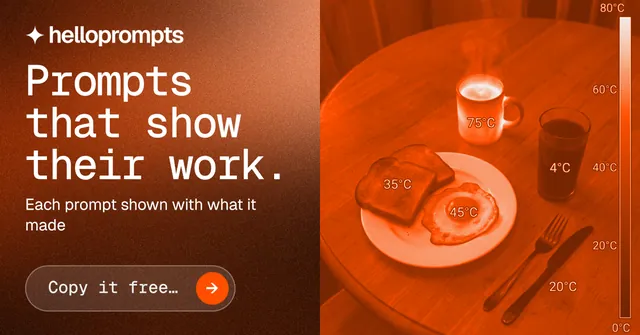 Social ad for HelloPrompts: "Prompts that show their work." Agentic glass style, bottom layout, dark palette in orange, brown.
