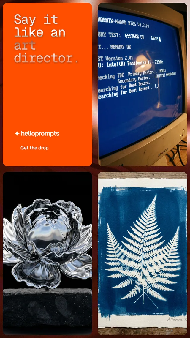 Instagram story for HelloPrompts: "Say it like an art director." Y2K style, collage layout, dark palette in blue, orange, red.