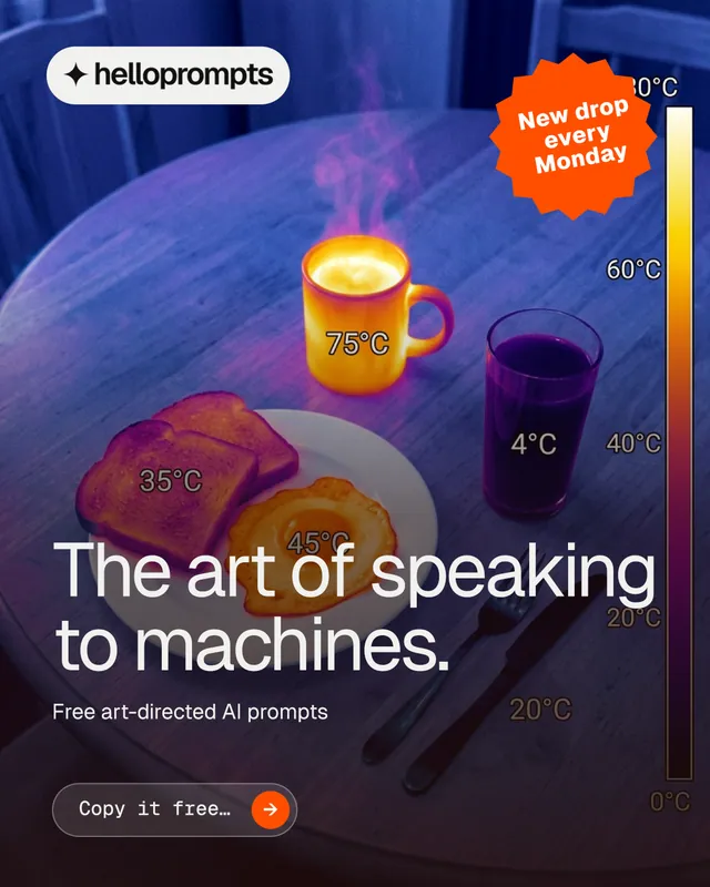 Instagram portrait post for HelloPrompts: "The art of speaking to machines." Agentic glass style, sticker layout, dark palette in blue, pink, purple.