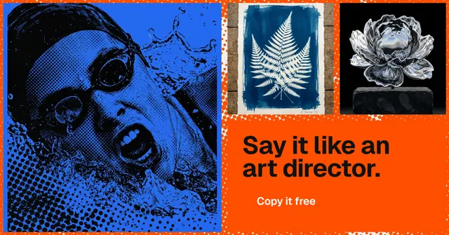 Social ad for HelloPrompts: "Say it like an art director." Swiss style, collage layout, dark palette in red, black, blue.