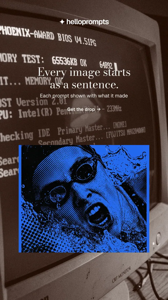 Instagram story for HelloPrompts: "Every image starts as a sentence." Minimal luxury style, centred layout, dark palette in black, grey, blue.