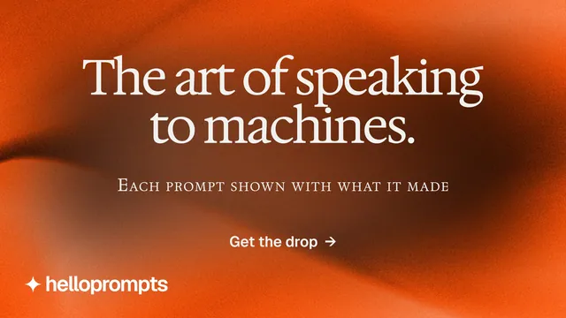 Landscape graphic for HelloPrompts: "The art of speaking to machines." Swiss style, smallcaps layout, dark palette in orange.
