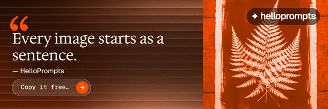 X header for HelloPrompts: "The sentence behind the image." Agentic glass style, quote layout, dark palette in orange, brown.