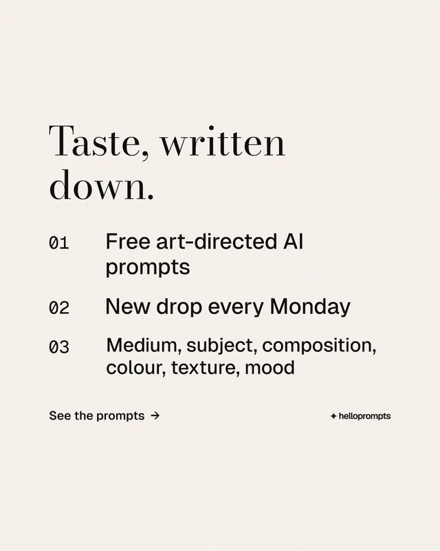Instagram portrait post for HelloPrompts: "Taste, written down." Minimal luxury style, numbered layout, light palette in white.