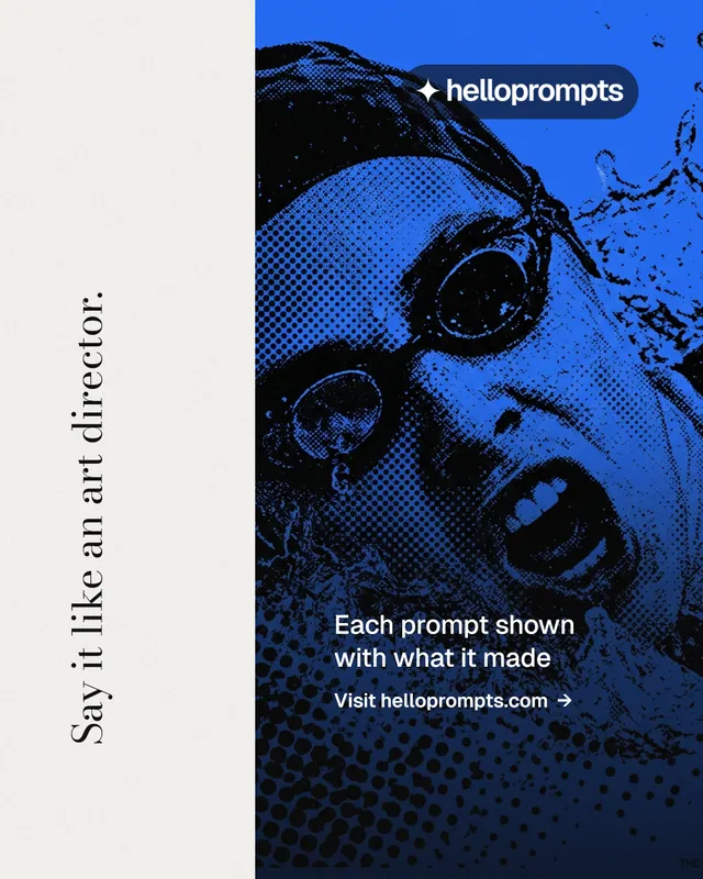 Instagram portrait post for HelloPrompts: "Say it like an art director." Minimal luxury style, vertical layout, light palette in white, black, blue.