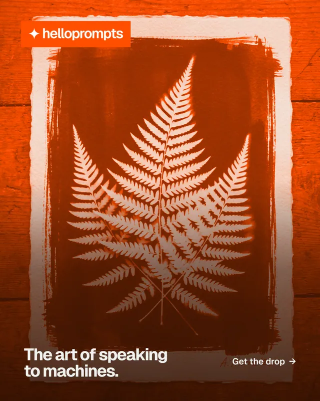 Instagram portrait post for HelloPrompts: "The art of speaking to machines." Swiss style, image led layout, dark palette in orange.