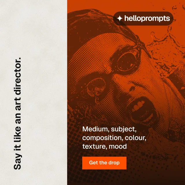 Instagram post for HelloPrompts: "Say it like an art director." Retro print style, vertical layout, light palette in orange, white.