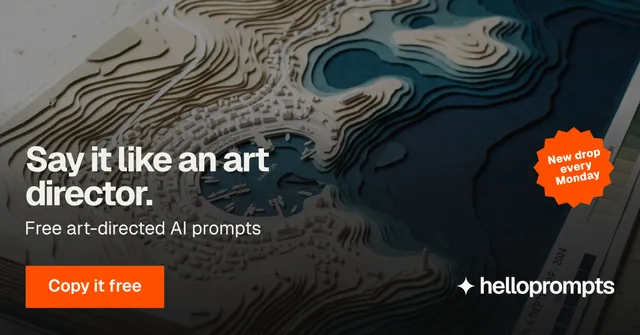 Social ad for HelloPrompts: "Say it like an art director." Swiss style, sticker layout, dark palette in grey, black, orange.