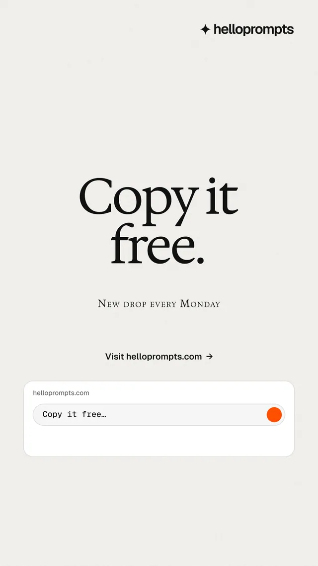 Instagram story for HelloPrompts: "Copy it free." Swiss style, smallcaps layout, light palette in white.