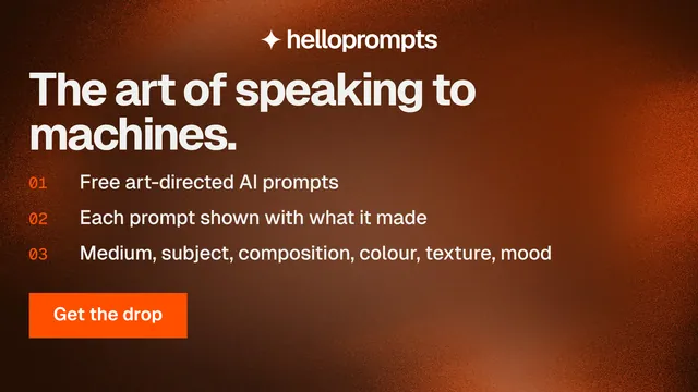 Landscape graphic for HelloPrompts: "The art of speaking to machines." Swiss style, numbered layout, dark palette in orange, brown.
