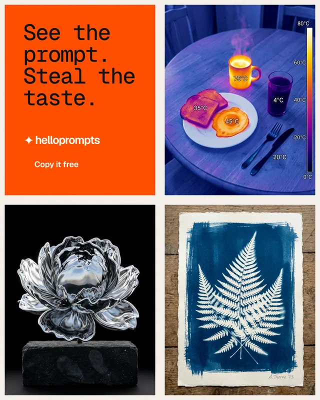 Instagram portrait post for HelloPrompts: "See the prompt. Steal the taste." Swiss style, collage layout, dark palette in black, red, grey.