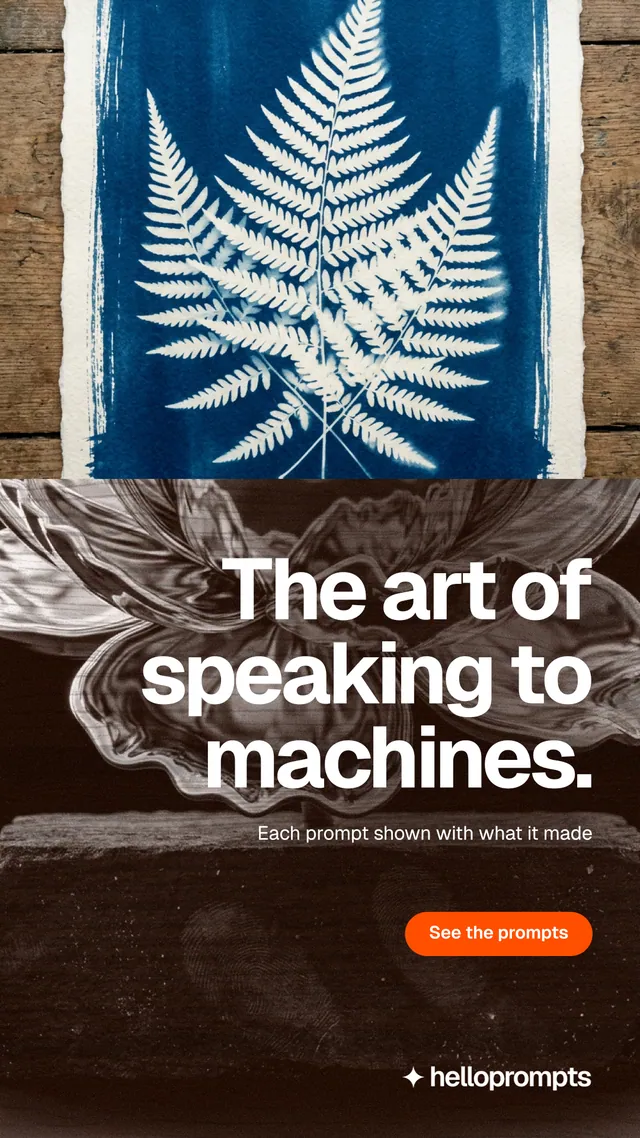 Instagram story for HelloPrompts: "The art of speaking to machines." Photo poster style, right layout, dark palette in orange, grey, blue.