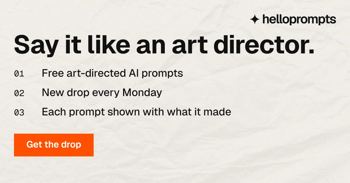 Social ad for HelloPrompts: "Say it like an art director." Swiss style, numbered layout, light palette in yellow, white, orange.