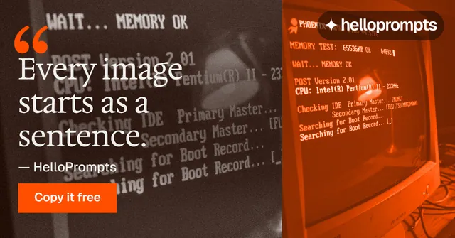 Social ad for HelloPrompts: "The art of speaking to machines." Swiss style, quote layout, dark palette in orange, brown.