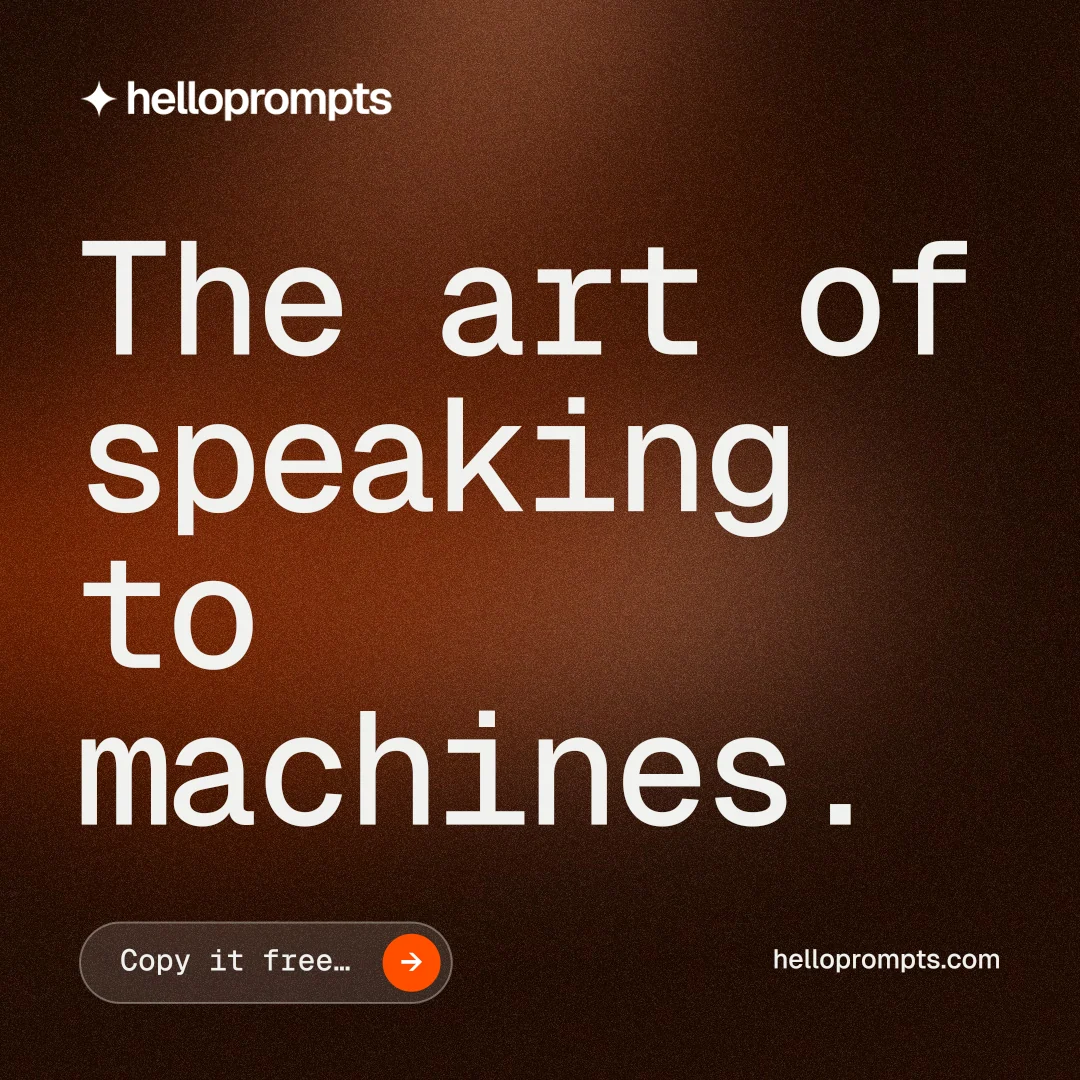Instagram post for HelloPrompts: "The art of speaking to machines." Agentic glass style, poster layout, dark palette in black, orange, grey.