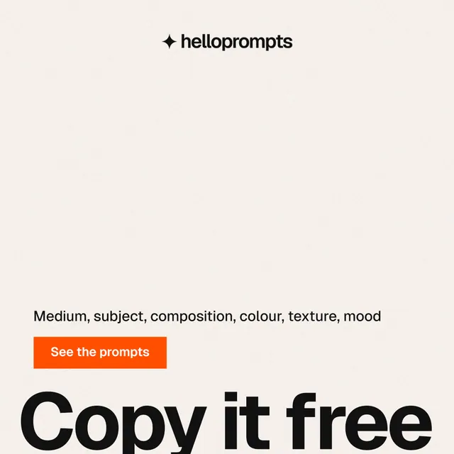 Instagram post for HelloPrompts: "Copy it free." Swiss style, oversized layout, light palette in white, orange.