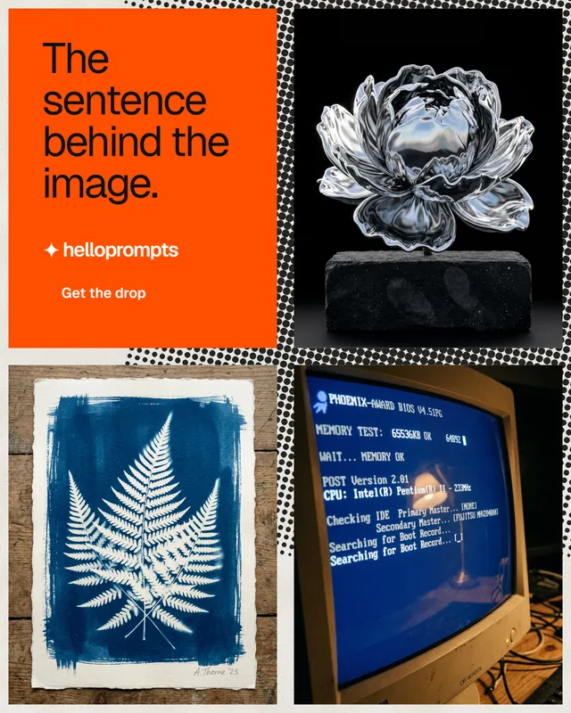 Instagram portrait post for HelloPrompts: "The sentence behind the image." Swiss style, collage layout, dark palette in black, brown, grey.