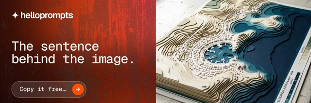 X header for HelloPrompts: "The sentence behind the image." Agentic glass style, bottom layout, dark palette in red, black, grey.