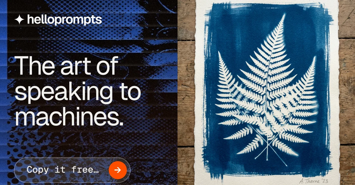 Social ad for HelloPrompts: "The art of speaking to machines." Agentic glass style, bottom layout, dark palette in blue, grey, white.