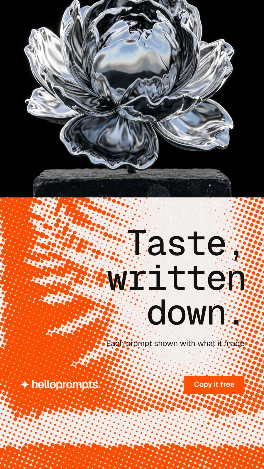 Instagram story for HelloPrompts: "Taste, written down." Swiss style, right layout, light palette in black, orange.