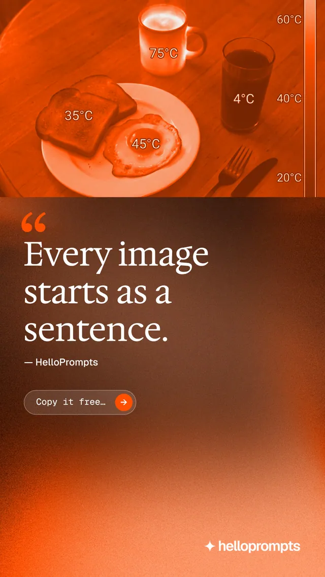 Instagram story for HelloPrompts: "Every image starts as a sentence." Agentic glass style, quote layout, dark palette in orange, brown.
