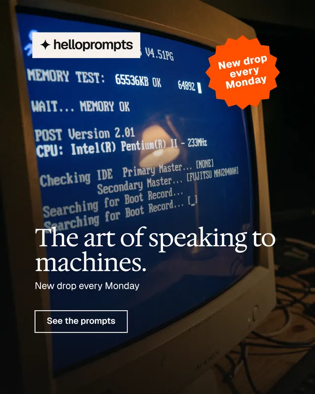 Instagram portrait post for HelloPrompts: "The art of speaking to machines." Editorial style, sticker layout, dark palette in black, blue, grey.